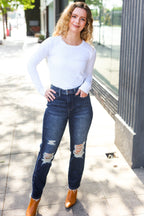 Judy Blue Dark Wash Mid Rise Distressed Straight Leg Jeans