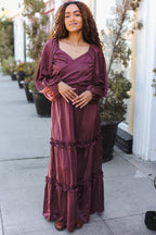 Holiday Vibes Wine Satin Front Overlap Smocked Back Maxi Dress