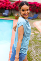 Charming in Aqua Asymmetrical Shirred Modal Top