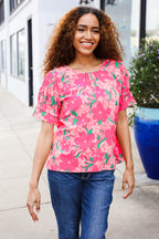 Vacay Vibes Floral Back Keyhole Short Smocked Banded Sleeve Top