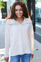 Easy Living Oatmeal Textured Knit Notch Neck Oversized Collar Sweater