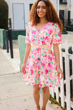 Beautiful You Rose Floral Print Ric Rack Trim Babydoll Dress