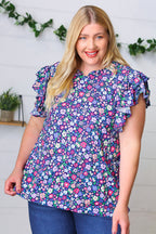 Navy Floral Mock Neck Flutter Sleeve Top