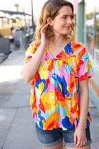 Orange & Yellow Geometric Floral V Neck Dolman Top