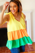 Yellow & Tangerine Tiered Shoulder Tie Crepe Top