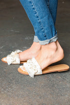Ivory Linen Fray Beaded Faux Pearl Slide Sandal
