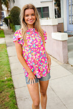Feeling Femme in Pink Floral Print Frill Mock Neck Blouse