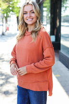 Cozy Days Rust Mineral Wash Rib Knit Hoodie