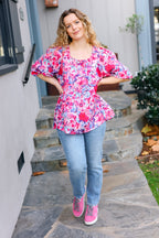 Feeling Femmi Pink & Fuchsia Floral Peplum Woven Top