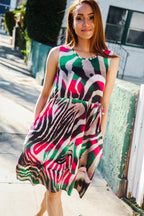 Be Bold Ivory & Green Animal Stripe Bow Tie Korean Silk Dress