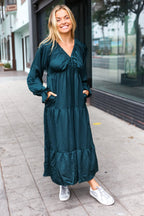 Elegant Hunter Green Elastic V Neck Tiered Satin Maxi Dress