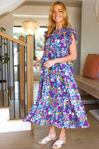 Just A Dream Navy Floral Smocked Ruffle Sleeve Maxi Dress