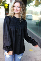 Be Your Best Black Satin Shirred Yoke Frilled Mock Neck Top