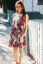 Summer Days Brown & Rose Abstract Animal Print Korean Silk Dress