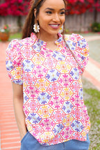 Beautiful You Ivory Floral Lace Frill Notch Neck Puff Sleeve Top