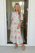 Lunch at the Museum Floral Midi Dress in Sky Blue