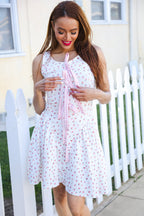 Beautiful You Ivory Checker & Floral Print Ribbon Tie Sleeveless Dress