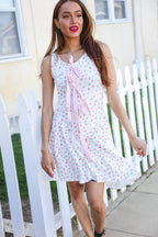 Beautiful You Ivory Checker & Floral Print Ribbon Tie Sleeveless Dress