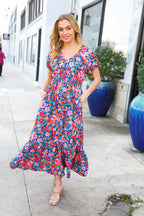 Find Love Blue Floral Raglan Puff Sleeves V Neck Smocked Waist Maxi