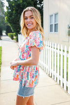 Perfect Find Ivory Floral Leaf Print Short Sleeve Babydoll Top