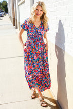 Find Love Blue Floral Raglan Puff Sleeves V Neck Smocked Waist Maxi