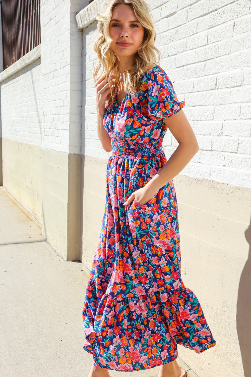 Find Love Blue Floral Raglan Puff Sleeves V Neck Smocked Waist Maxi