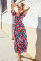 Find Love Blue Floral Raglan Puff Sleeves V Neck Smocked Waist Maxi