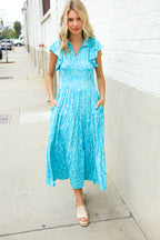 Find Love Blue Boho Print Flutter Sleeve Fit & Flare Dress