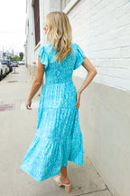 Find Love Blue Boho Print Flutter Sleeve Fit & Flare Dress