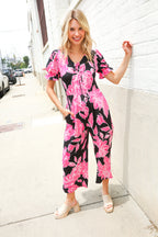 Spring Vibes Black Floral Print Ruffle Sleeve Wide Leg Jumpsuit