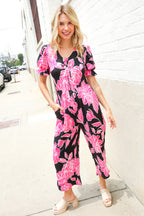 Spring Vibes Black Floral Print Ruffle Sleeve Wide Leg Jumpsuit