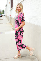 Spring Vibes Black Floral Print Ruffle Sleeve Wide Leg Jumpsuit