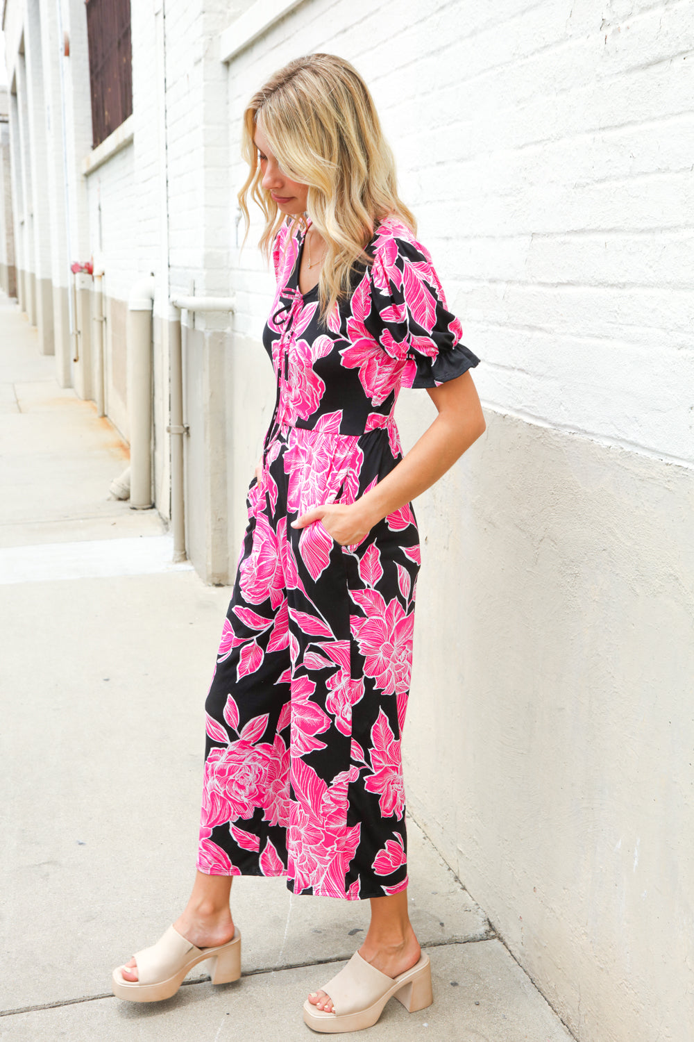 Spring Vibes Black Floral Print Ruffle Sleeve Wide Leg Jumpsuit