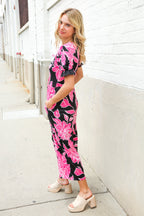Spring Vibes Black Floral Print Ruffle Sleeve Wide Leg Jumpsuit