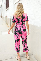 Spring Vibes Black Floral Print Ruffle Sleeve Wide Leg Jumpsuit
