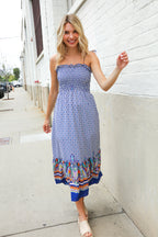 Follow Me Navy Boho Print Smocked Shoulder Tie Border Hem Dress