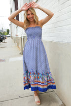 Follow Me Navy Boho Print Smocked Shoulder Tie Border Hem Dress