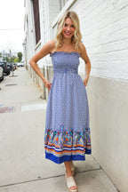 Follow Me Navy Boho Print Smocked Shoulder Tie Border Hem Dress