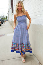 Follow Me Navy Boho Print Smocked Shoulder Tie Border Hem Dress