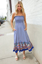 Follow Me Navy Boho Print Smocked Shoulder Tie Border Hem Dress