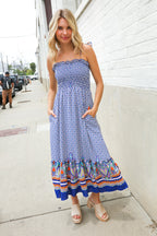 Follow Me Navy Boho Print Smocked Shoulder Tie Border Hem Dress