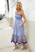 Follow Me Navy Boho Print Smocked Shoulder Tie Border Hem Dress