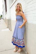 Follow Me Navy Boho Print Smocked Shoulder Tie Border Hem Dress