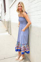 Follow Me Navy Boho Print Smocked Shoulder Tie Border Hem Dress