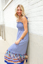 Follow Me Navy Boho Print Smocked Shoulder Tie Border Hem Dress