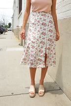 Put Together Ivory Front Slit Floral Print Lined Midi Skirt