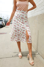 Put Together Ivory Front Slit Floral Print Lined Midi Skirt