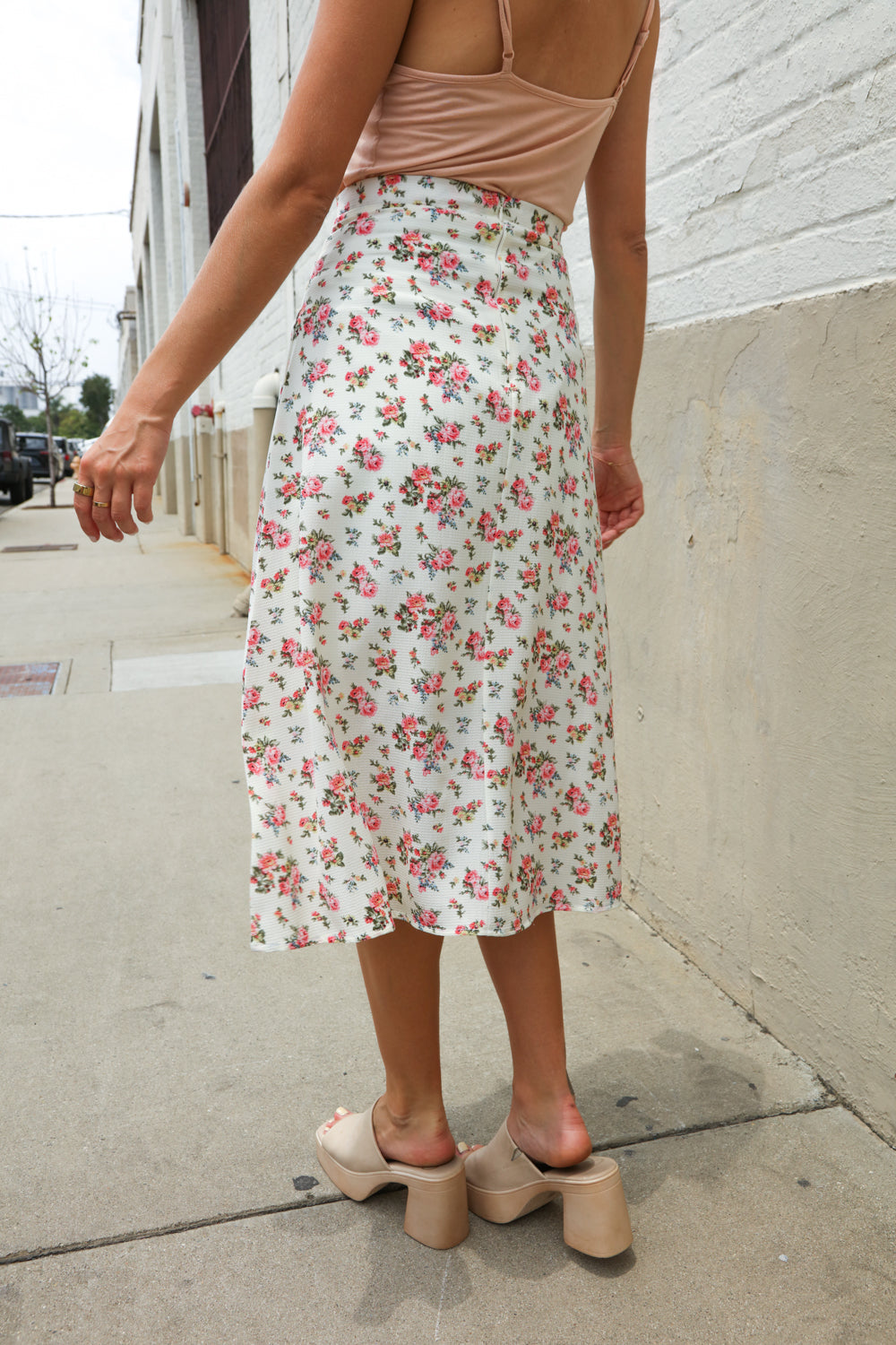 Put Together Ivory Front Slit Floral Print Lined Midi Skirt