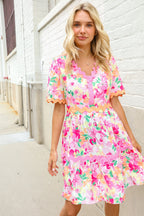 Beautiful You Rose Floral Print Ric Rack Trim Babydoll Dress