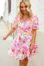 Beautiful You Rose Floral Print Ric Rack Trim Babydoll Dress